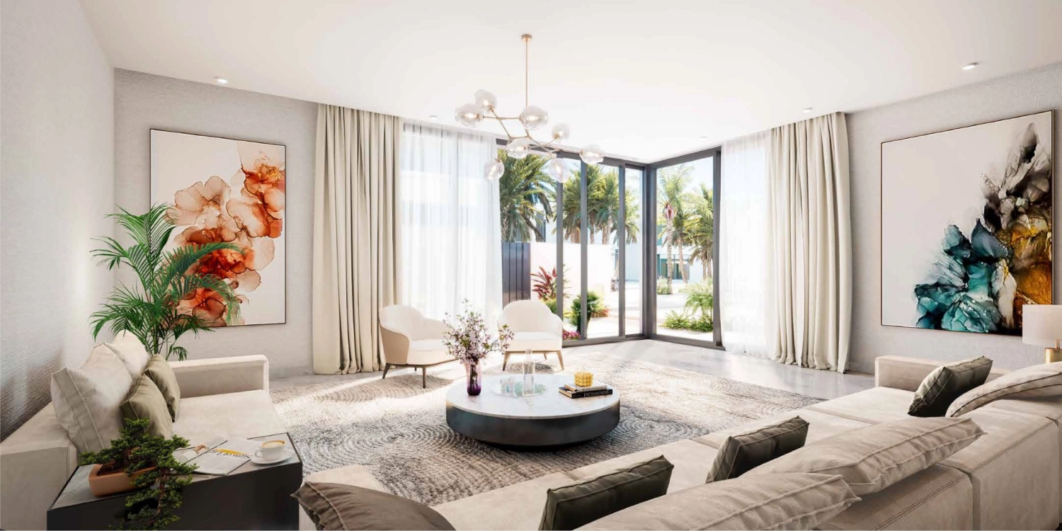 Dining room with panoramic lagoon views in Saadiyat Lagoons villa